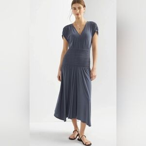 WHBM Indigo Blue Flowy Smocked Waist Asymmetric Hem Midi Dress Sz:L